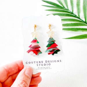 Holiday Christmas Tree Earrings | Red and Green Marble Tree Earrings | Christmas Earrings | Christmas Tree Holiday Earrings