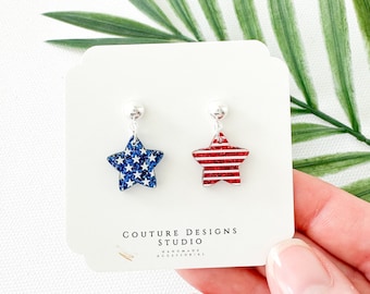 4th of July Earrings | Glitter Patriotic Stars and Stripes Drop Earrings | Patriotic Earrings | American Flag Earrings