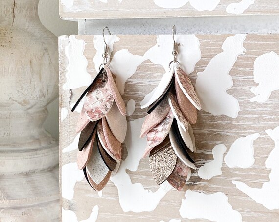 Blush & Mocha Leather Earrings, Leather Feather Earrings, Leather Fringe Earrings, Boho Earrings, Leather Leaf Earrings, 3 Inch