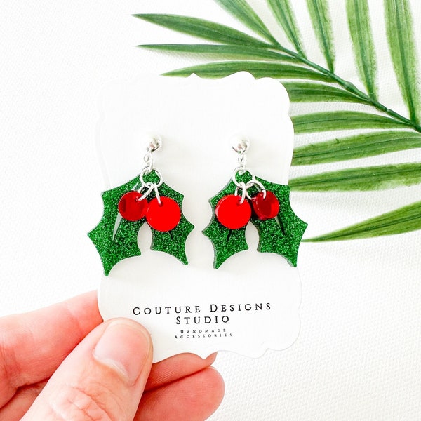 Glitter Holiday Holly Earrings | Christmas Holly Earrings | Mistletoe Christmas Earrings | Cute Red and Green Holly Holiday Earrings