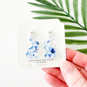 Floral Easter Bunny Earrings | Chinoiserie Bunny Easter Earrings | French Toile Bunny Earrings | Navy and White Floral Earrings