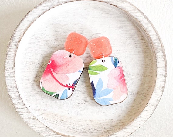 Square Wood Earrings, Tropical Print Wood Earrings, Square Earrings, Geometric Stud Earrings, Boho Earrings, Post Earrings