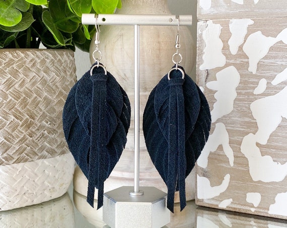 Navy Blue Leather Feather Earrings - Boho Leather Earrings, Leather Feather Earrings, Leather Fringe Earrings, Navy Suede, 3.5 Inches Long