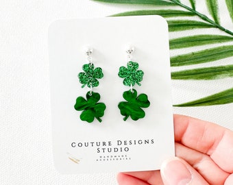 Green Glitter Shamrock Earrings | St. Patrick’s Day Earrings | Green Four Leaf Clover Earrings