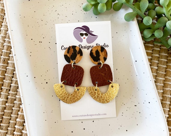 Gold Cheetah Modern Leather Earrings, Cheetah Print Boho Leather Earrings, Leopard Gold Cheetah Leather Earrings, Geometric Leather Earrings