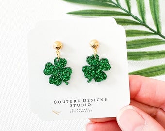 Green Glitter Shamrock Earrings | St. Patrick's Day Earrings | Green Shamrock Earrings | Mini Four Leaf Clover Earrings