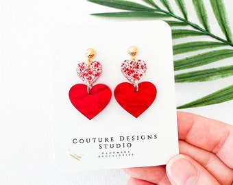 Heart Valentine’s Day Earrings | Stacked Heart Valentine Earrings | Red and White Heart Earrings | Valentine’s Day Earrings