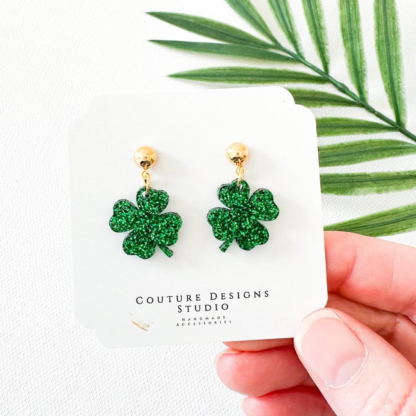 Green Glitter Shamrock Earrings | St. Patrick's Day Earrings | Green Shamrock Earrings | Mini Four Leaf Clover Earrings