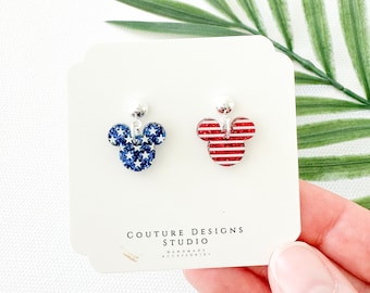 4th of July Mickey Mouse Earrings | Glitter Mickey American Flag Earrings | American Flag Mickey Earrings | Stars and Stripes Mouse Earrings