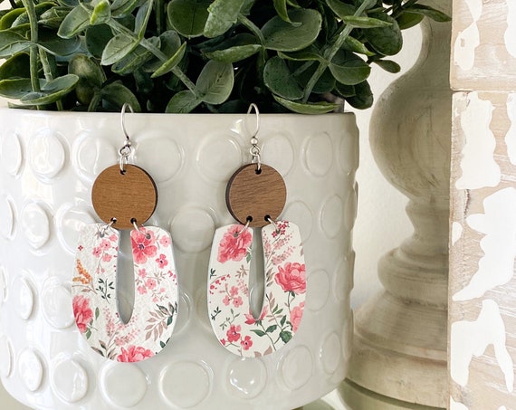 Wood and Leather Modern Earrings - Geometric Leather Earrings, Floral Leather Earrings, Leather and Wood Earrings, Boho Earrings