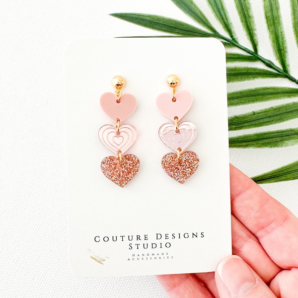 Pink Heart Earrings | Blush Pink Heart Earrings | Rose Gold Valentine Heart Earrings | Glitter Valentine’s Day Earrings