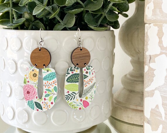 Leather and Wood Modern Earrings - Geometric Leather Earrings, Spring Floral Leather Earrings, Leather and Wood Earrings, Boho Earrings