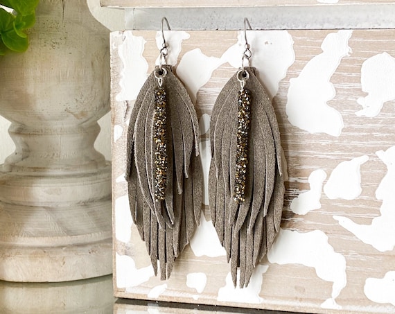 Gray Glitter Leather Feather Earrings, Leather Fringe Earrings, Suede Feather Earrings, Boho Earrings, Mocha Leather Earrings