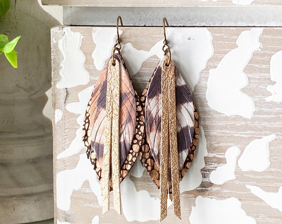 Pheasant Leather Feather Earrings, Stingray Leather Feather Earrings, Rose Gold Leather Earrings, Boho Earrings, Brown & Rose Gold Feathers