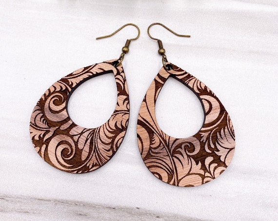 Boho Wood Earrings, Engraved Wood Earrings, Wood Earrings, Teardrop Earrings, Boho Earrings, Walnut Wood Earrings, Polynesian Wood Earrings