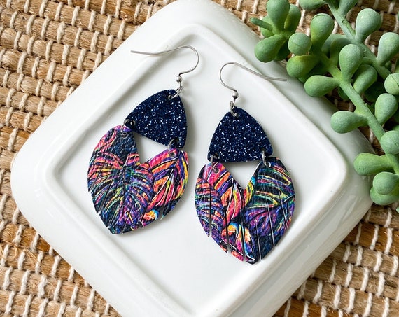 Boho Tropical Leather Fringe Earrings | Fringy Summer Earrings | Boho Earrings | Navy Blue Glitter Earrings | Leather Fringe Earrings