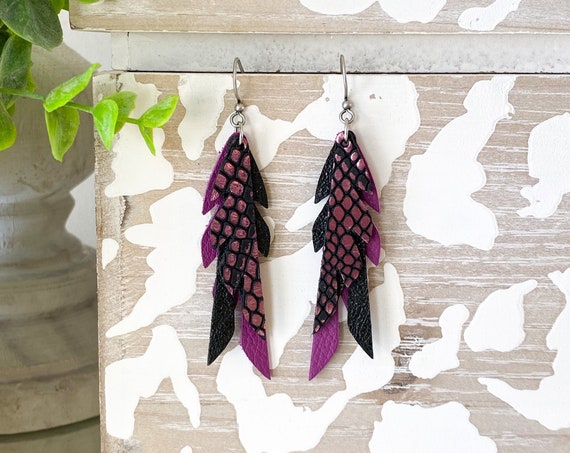 Black Raspberry Leather Feather Earrings, Feather Leather Earrings, Mini Feather Earrings, Boho Earrings, Small Leather Feathers