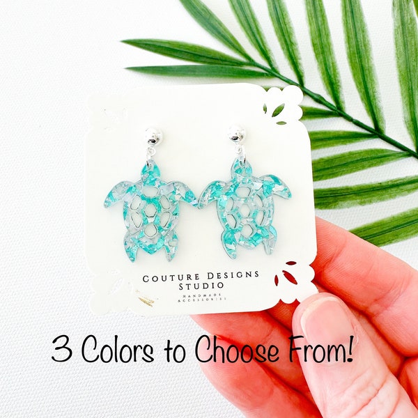 Sea Turtle Earrings | Aqua Glitter Turtle Stud Earrings | Turtle Glitter Earrings | Turtle Acrylic Earrings