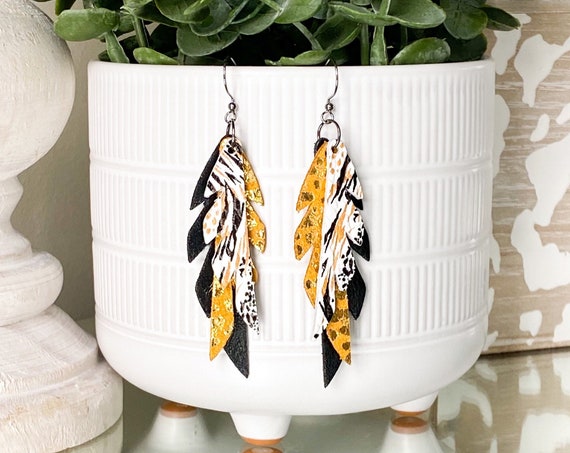 Black Gold and White Feather Leather Earrings, Gold Leather Earrings, Mini Feather Earrings, Boho Earrings, Small Leather Feathers