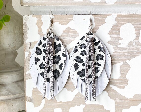 Black & White Leather Feather Earrings - Leopard Earrings, Cheetah Leather Earrings, White Feather Earrings, Boho Earrings