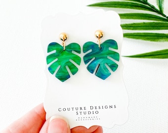 Pearl Monstera Earrings | Turquoise Marble Tropical Earrings | Summer Palm Leaf Earrings