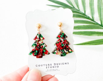 Chunky Glitter Christmas Tree Earrings | Festive Tree Earrings | Christmas Earrings | Green Red and Gold Christmas Tree Holiday Earrings