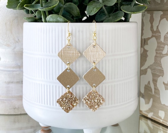 Soft Metallic Glitter Modern Leather Earrings, Minimalist Earrings, Small Leather Earrings, Glitter Earrings, Diamond Dangle Earrings
