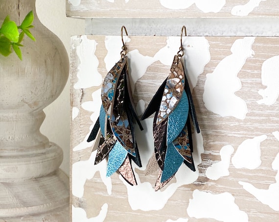 Brown & Teal Leather Earrings, Leather Feather Earrings, Leather Fringe Earrings, Boho Earrings, Leather Leaf Earrings, 3 Inch