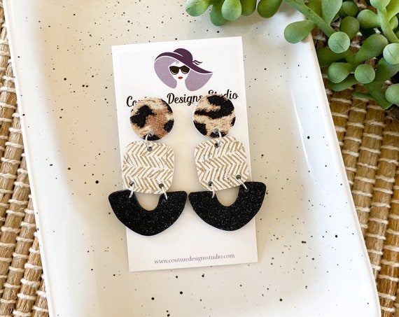 Black Glitter Leopard Modern Leather Earrings, Neutral Geometric Leather Earrings, Boho Leather Earrings, Neutral Chevron Leather Earrings