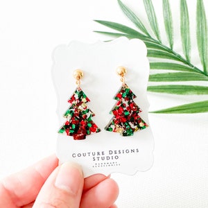 Chunky Glitter Christmas Tree Earrings | Festive Tree Earrings | Christmas Earrings | Green Red and Gold Christmas Tree Holiday Earrings