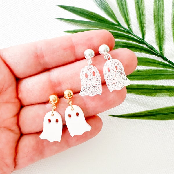 Mini Ghost Earrings | Little Ghost Halloween Earrings | White Ghost Earrings | Glitter Ghost Halloween Earrings