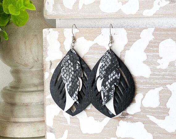 Black & White Leather Teardrop Earrings - Leather Feather Earrings, Boho Earrings, Cork Leather Earrings, Genuine Leather Earrings, 3 Inches