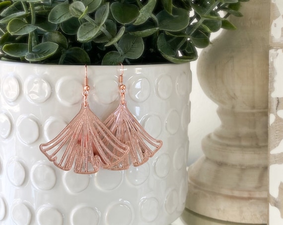 Ginkgo Leaf Earrings, Rose Gold Earrings, Acrylic Ginkgo Earrings, Statement Earrings, Mirrored Rose Gold Earrings, Pink Earrings