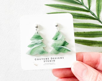 Christmas Tree Earrings | Green and White Marble Tree Earrings | Elegant Holiday Earrings | Pine Tree Christmas Earrings
