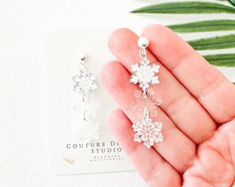 Snowflake Holiday Earrings | Stacked Snowflake Earrings | Etched Snowflake Winter Earrings | Christmas Earrings