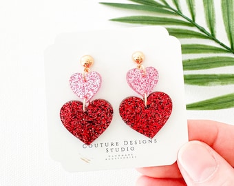 Valentine’s Day Glitter Heart Earrings | Stacked Heart Valentine Earrings | Pink and Red Heart Earrings | Valentine’s Day Earrings
