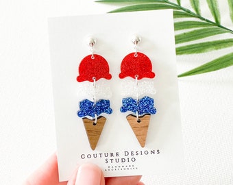 4th of July Ice Cream Cone Earrings | Patriotic Ice Cream Earrings | Red White and Blue Glitter Earrings | Independence Day Acrylic Earrings