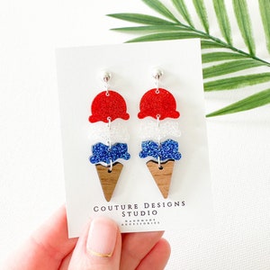 4th of July Ice Cream Cone Earrings | Patriotic Ice Cream Earrings | Red White and Blue Glitter Earrings | Independence Day Acrylic Earrings