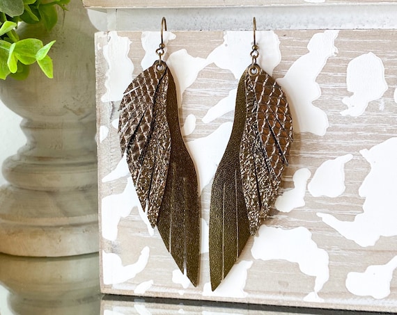 Long Leather Feather Earrings - Angel Wing Leather Earrings - Fringed Leather Feather Earrings - Bronze Feather Earrings - Boho Earrings