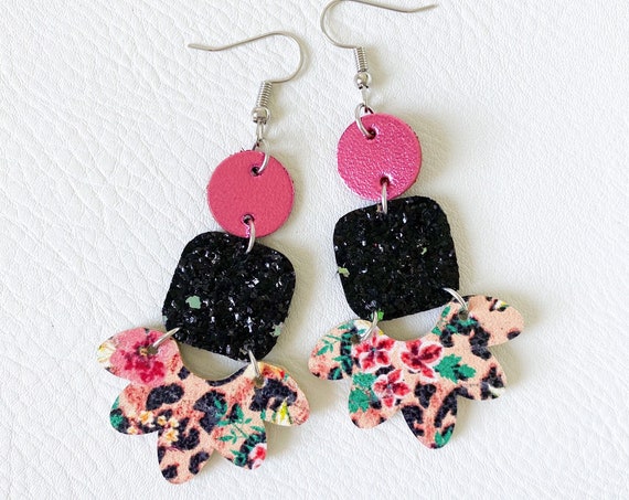 Tropical Leather Earrings - Hawaiian Earrings, Pink Geometric Earrings, Polynesian Flower Cork Earrings, Boho Earrings, Glitter Earrings