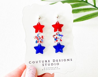 Star 4th of July Earrings | Red, White and Blue Stacked Star Earrings | Glitter Star Patriotic Earrings | Independence Day Earrings