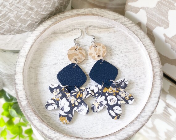 Navy Blue Leather Earrings - Geometric Leather Earrings, Modern Leather Earrings, Navy Floral Leather Earrings, Boho Earrings