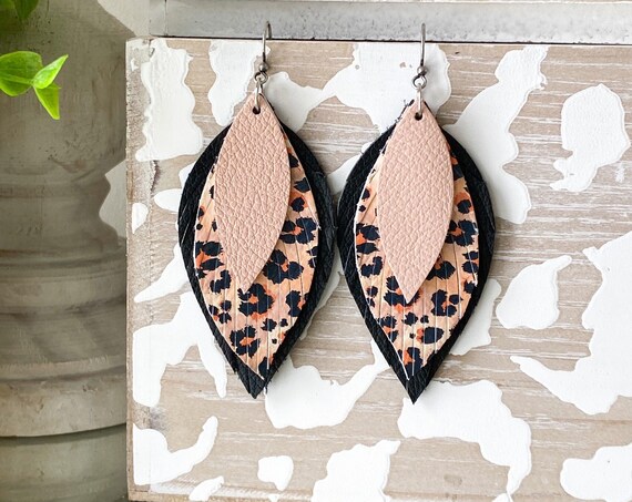 Nude Cheetah Leather Feather Earrings, Leather Feathers, Leopard Leather Earrings, Boho Earrings, Leather Fringe Earrings, Feather Earrings
