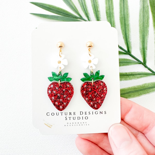 Summer Strawberry Earrings | Red Strawberry Flower Earrings | Glitter Strawberry Acrylic Earrings