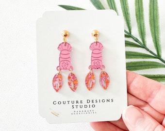 Pendientes de verano al horno de langosta / Pendientes de langosta brillante / Pendientes acrílicos de langosta de verano preppy