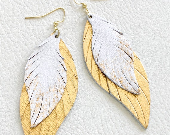 Gold Leather Feather Earrings, Glitter Leather Earrings, Gold & White Layered Leather Earrings, Boho Earrings, Gold Leather Feathers