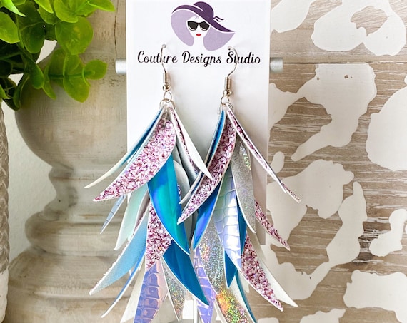 Iridescent Faux Leather Earrings - Faux Leather Feather Earrings, Glitter Earrings, Leaf Earrings, Purple & Turquoise Earrings