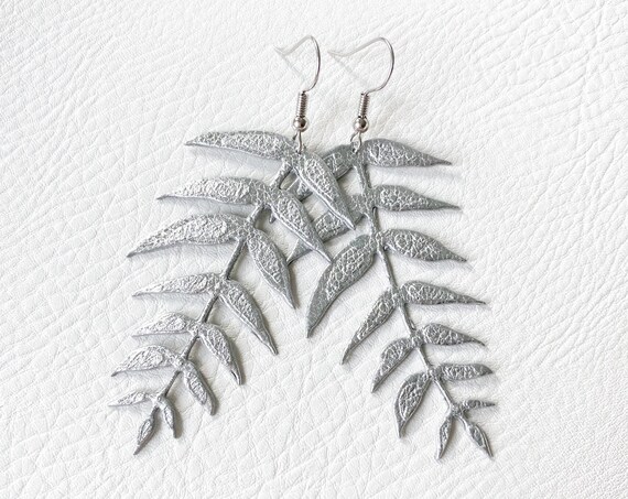 Silver Leather Fern Earrings, Metallic Leather Earrings, Silver Leaf Earrings, Elegant Earrings, Silver Leather Earrings, Statement Earrings