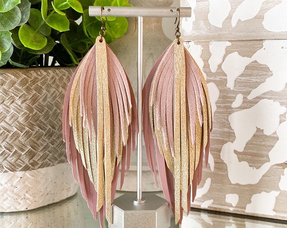 Blush and Gold Shimmer Leather Feather Earrings - Leather Feather Earrings, Leather Fringe Earrings, Long Leather Earrings, 5.5”