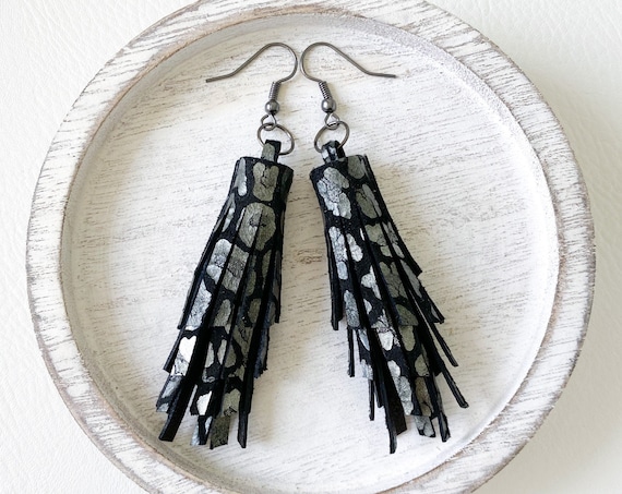 Black Leopard Leather Tassel Earrings - Leather Fringe Earrings, Genuine Leather Earrings, Black Leather Earrings, Boho Leather Earrings